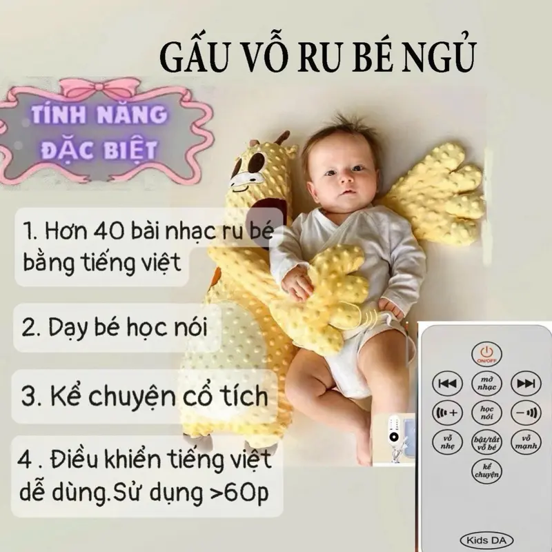 Gối ôm cho bé chống giật mình khi ngủ - Gấu vỗ ru bé ngủ mềm mịn, an toàn